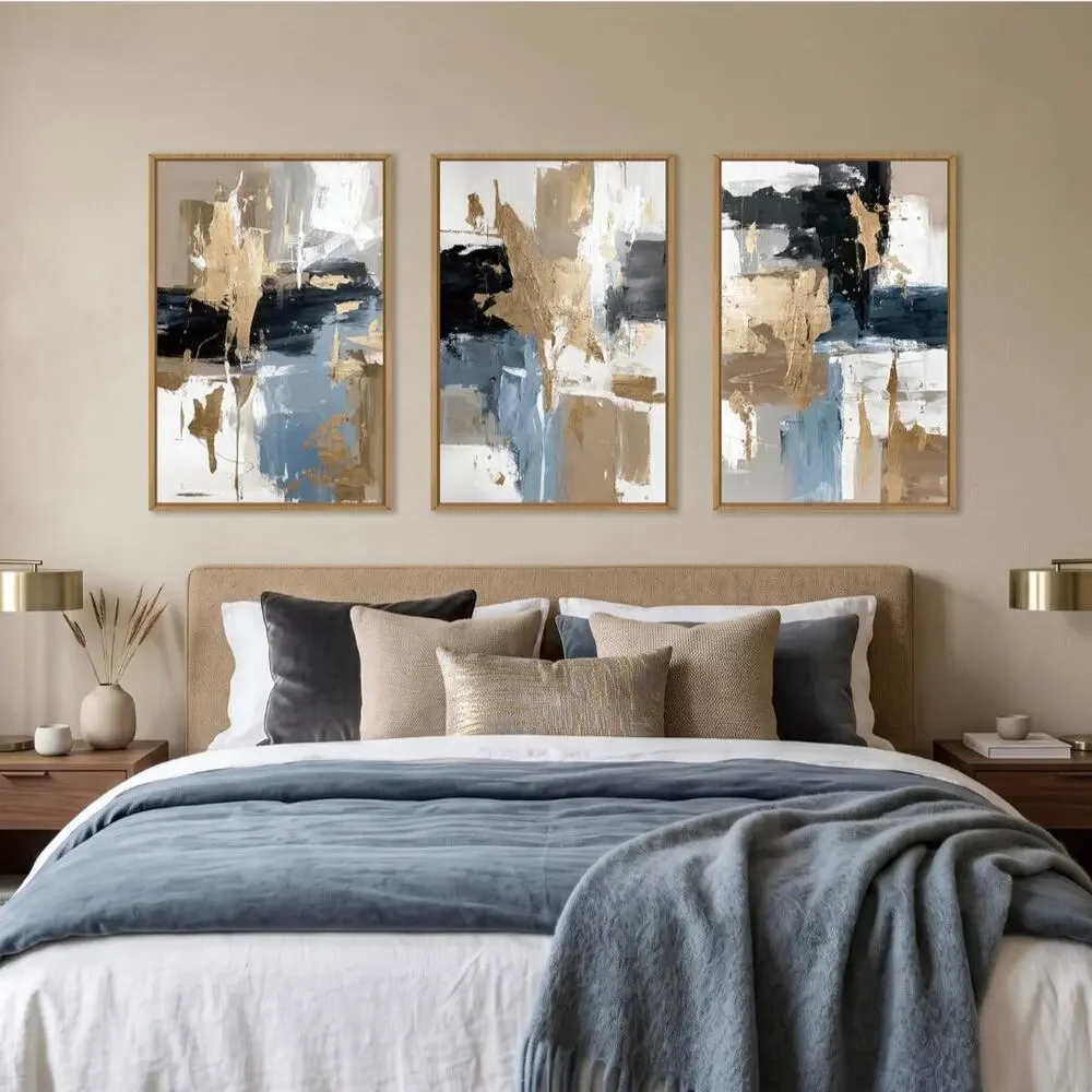 Navy Blue Gold Abstract Framed Canvas Wall Art Set 16x24 Triptych Decor. New OB